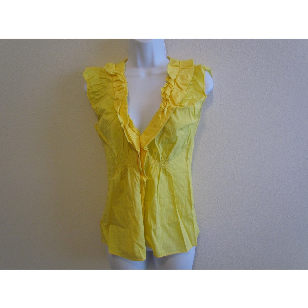 BCBGMAXAZRIA Ruffle Smocked Waist Top XS Yellow Sleeveless Cotton Blouse